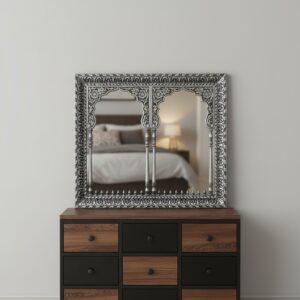 handcrafted wooden mirror frame with antique silver carving – royal arch design wall décor