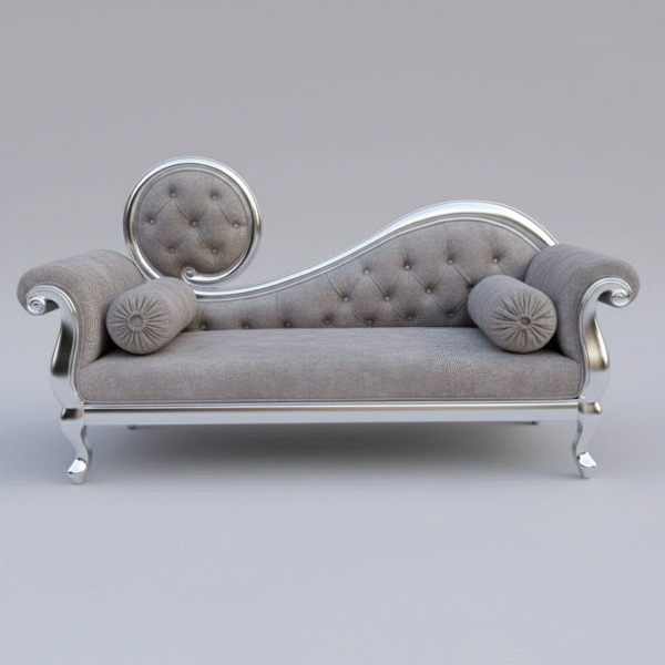 luxury silver frame chaise sofa with tufted grey upholstery – classic royal design