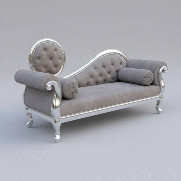 luxury silver frame chaise sofa with tufted grey upholstery – classic royal design