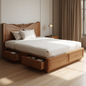 luxury teak wood king size bed with header, side tables & storage