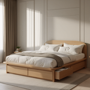 teak wood bed with side drag storage – elegant solid wood bed with storage
