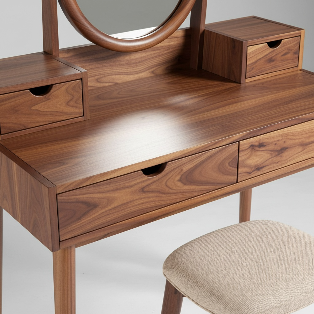 the timeless one – walnut dressing table with round mirror
