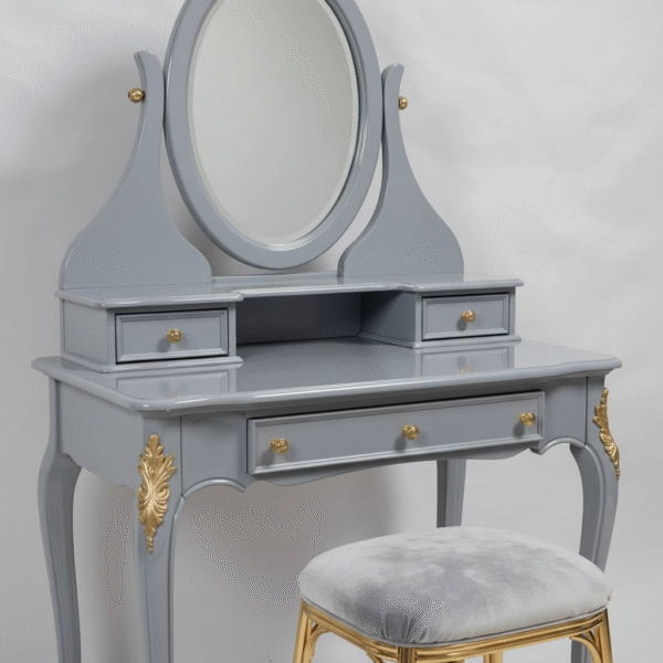 the regal one – grey dressing table with gold carved detailing