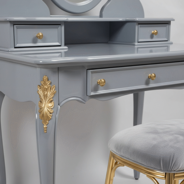 the regal one – grey dressing table with gold carved detailing