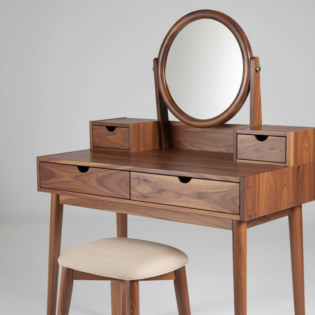 the timeless one – walnut dressing table with round mirror