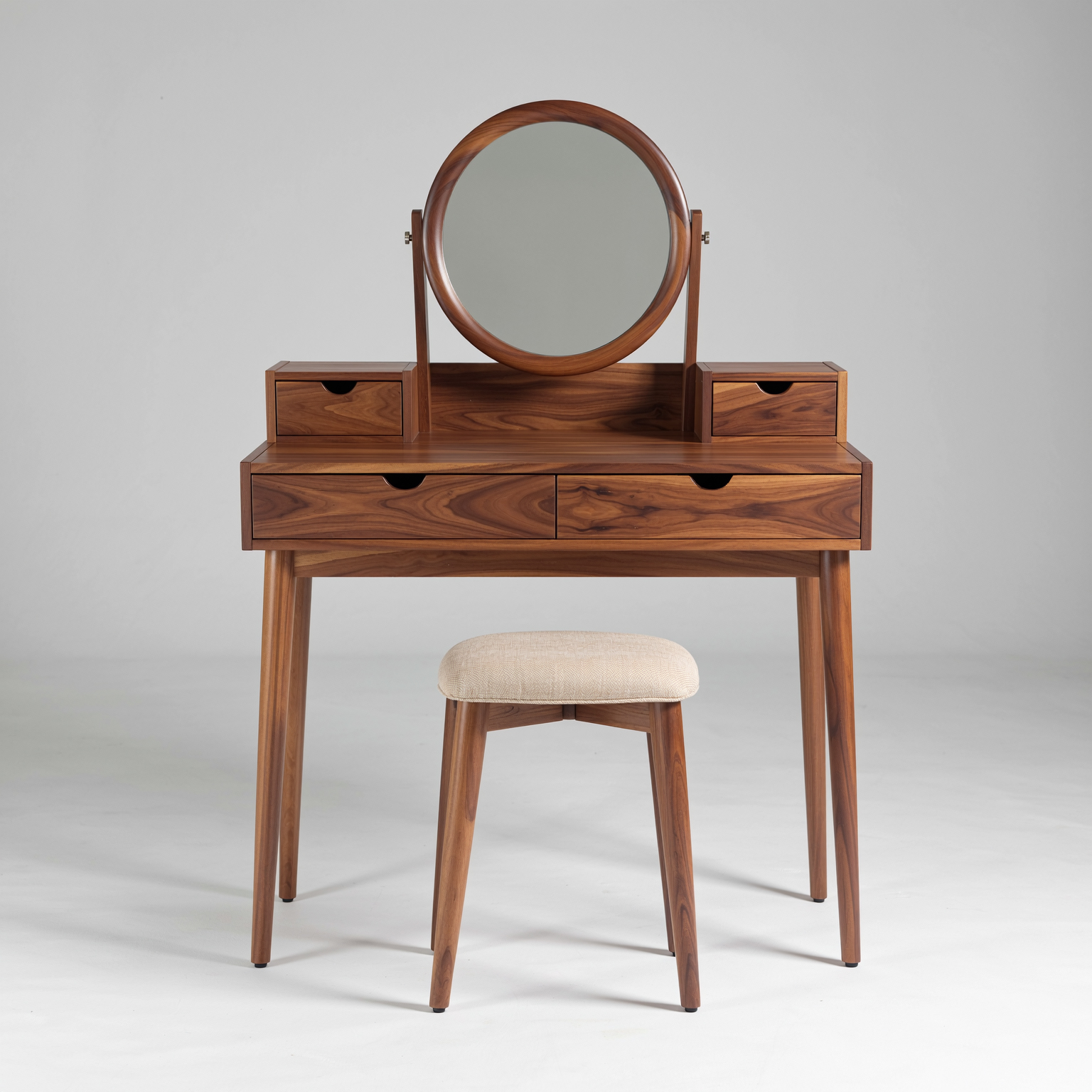 the timeless one – walnut dressing table with round mirror