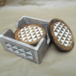 handmade set of 6 wooden round white wash coasters with holder – distressed rustic drink coaster set for tea, coffee & dining table décor