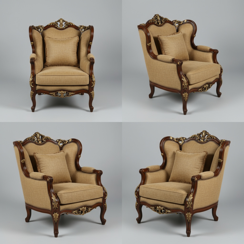 elegant wooden 1 seater curved sofa with neutral polish & polyester upholstery